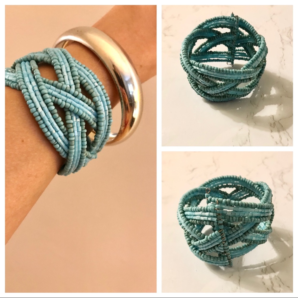 Weaved Turquoise Beaded Memory Wire Cuff Bracelet